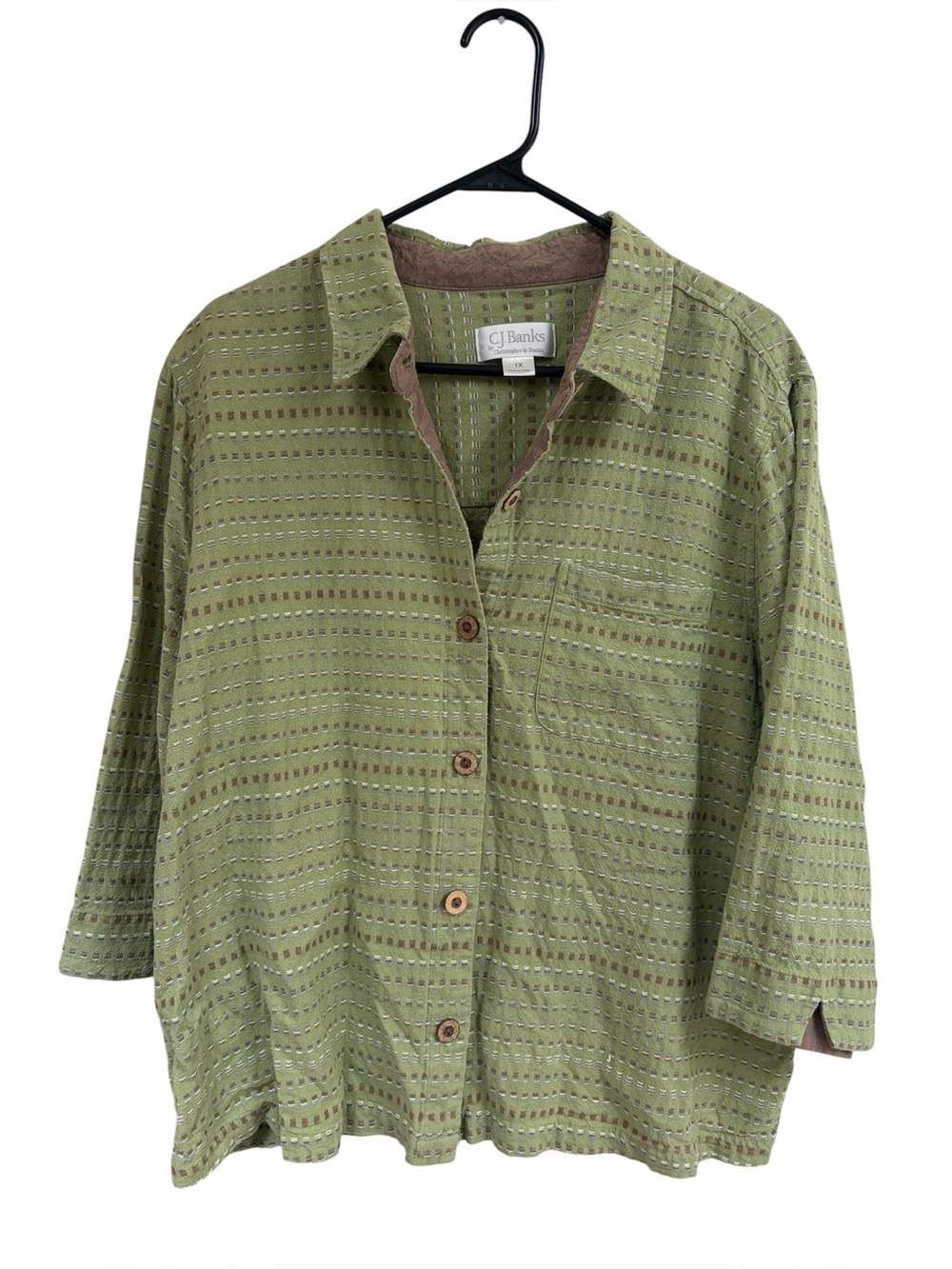 Linen/Cotton  CJ Banks Olive Green Button-Front Women’s Shirt